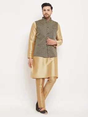 Jashvi Men's Black Ethnic Jacket With Rose Gold Silk Blend Kurta and Pant Style Pyjama Set