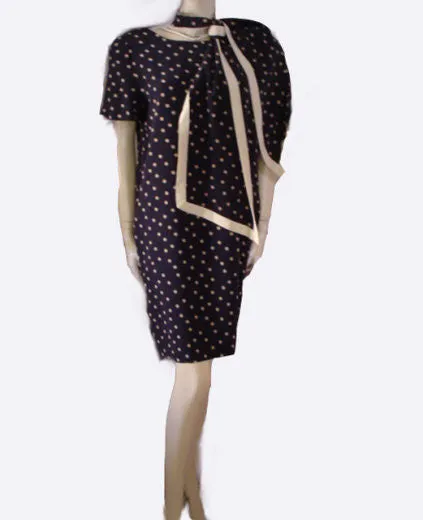 *  VINTAGE NIPON BOUTIQUE DOTTED BLACK SILK DRESS WITH MATCHING SCARF