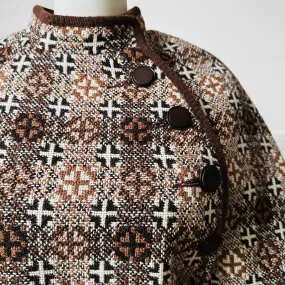 1960s - 1970s Brown and Cream Welsh Wool Belted Patterned Cape Jacket