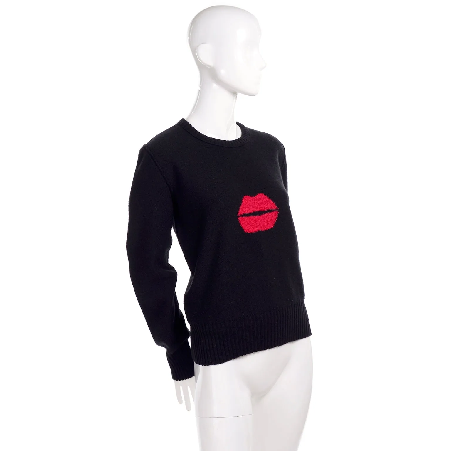 1980s Sonia Rykiel Kiss Vintage Lips Sweater in Black Angora Wool Blend