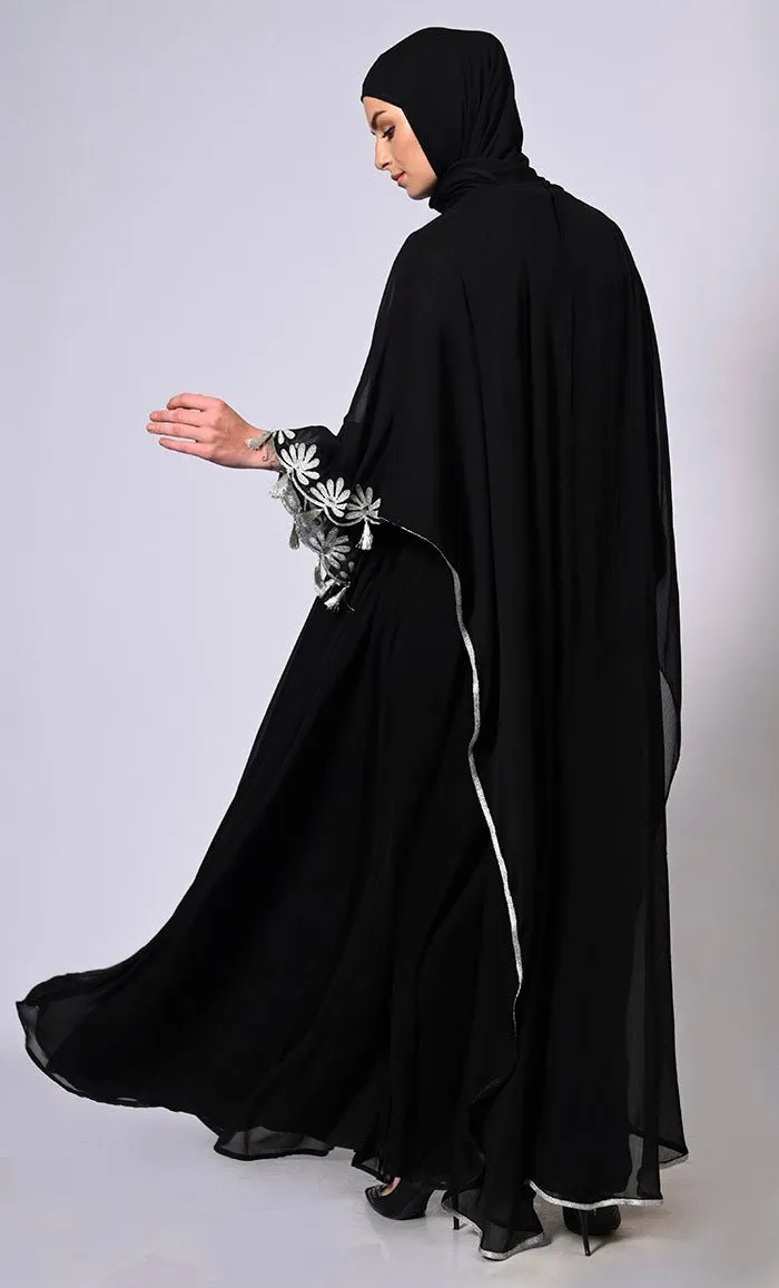 2 Pc Cape style Embroidered Black Abaya with Scalloped Edges and Tassels Detailing - Final Sale