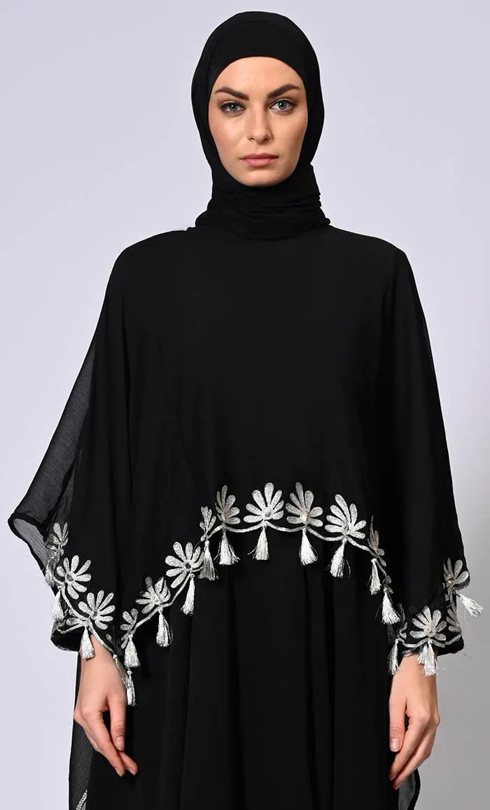 2 Pc Cape style Embroidered Black Abaya with Scalloped Edges and Tassels Detailing - Final Sale