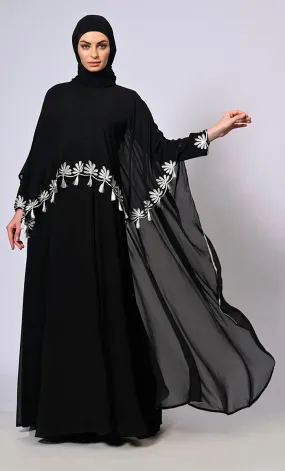 2 Pc Cape style Embroidered Black Abaya with Scalloped Edges and Tassels Detailing - Final Sale