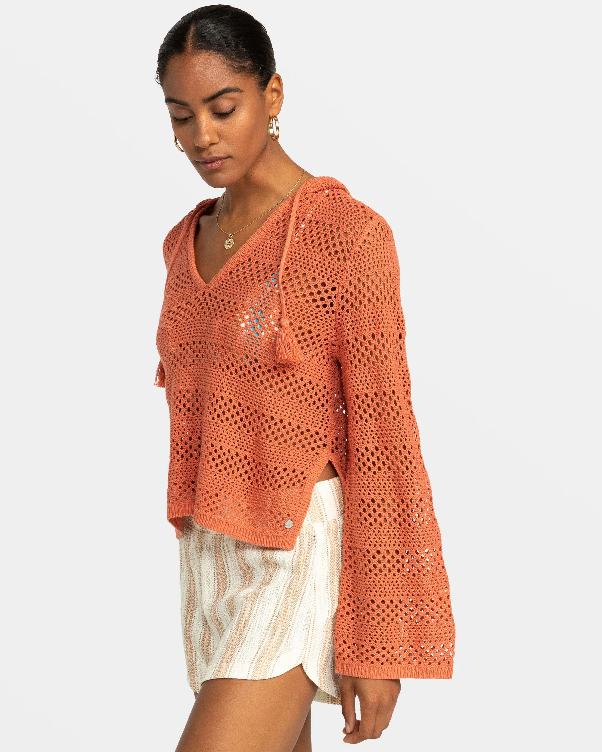 After Beach Break Hooded Poncho Sweater - Apricot Brandy