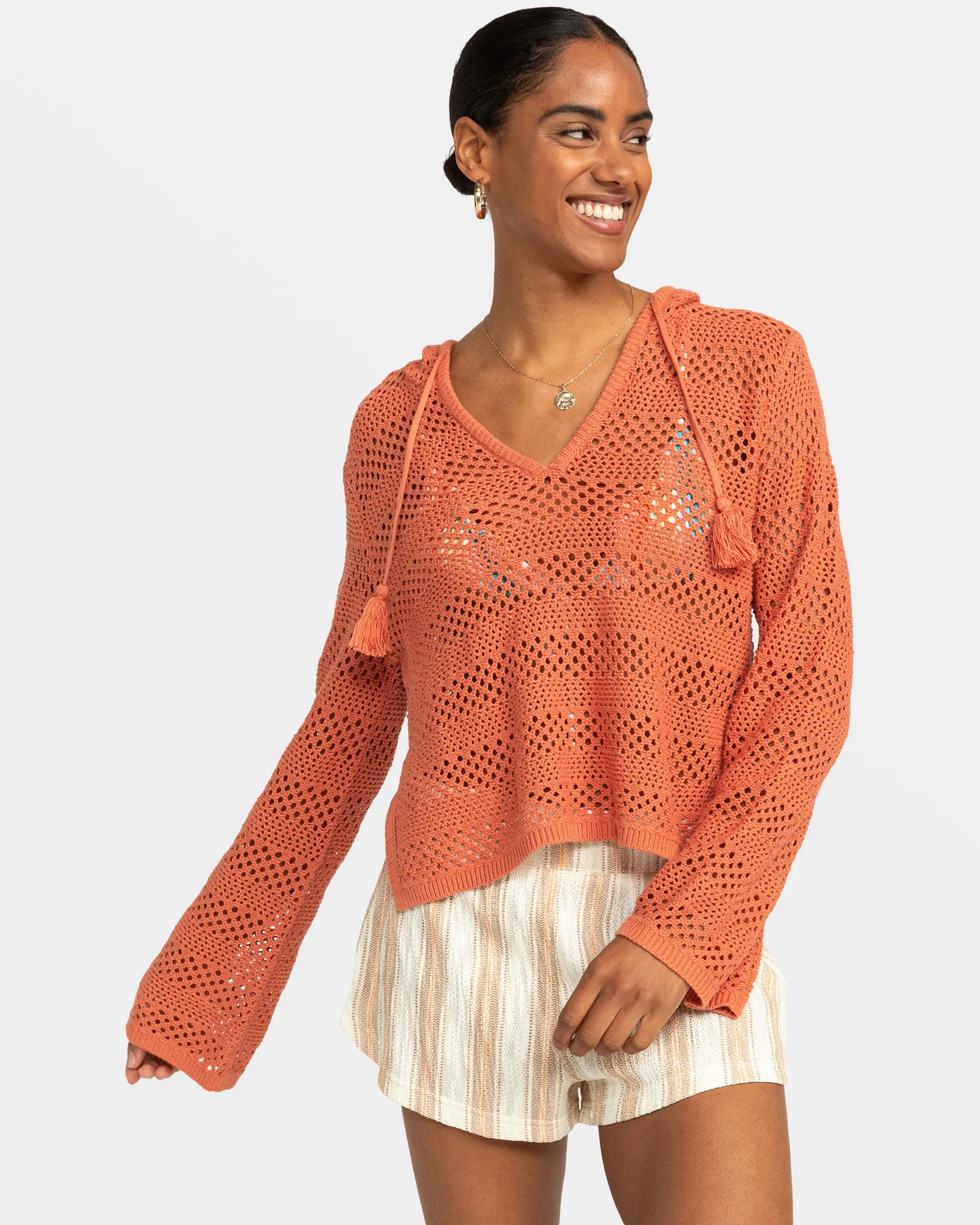 After Beach Break Hooded Poncho Sweater - Apricot Brandy