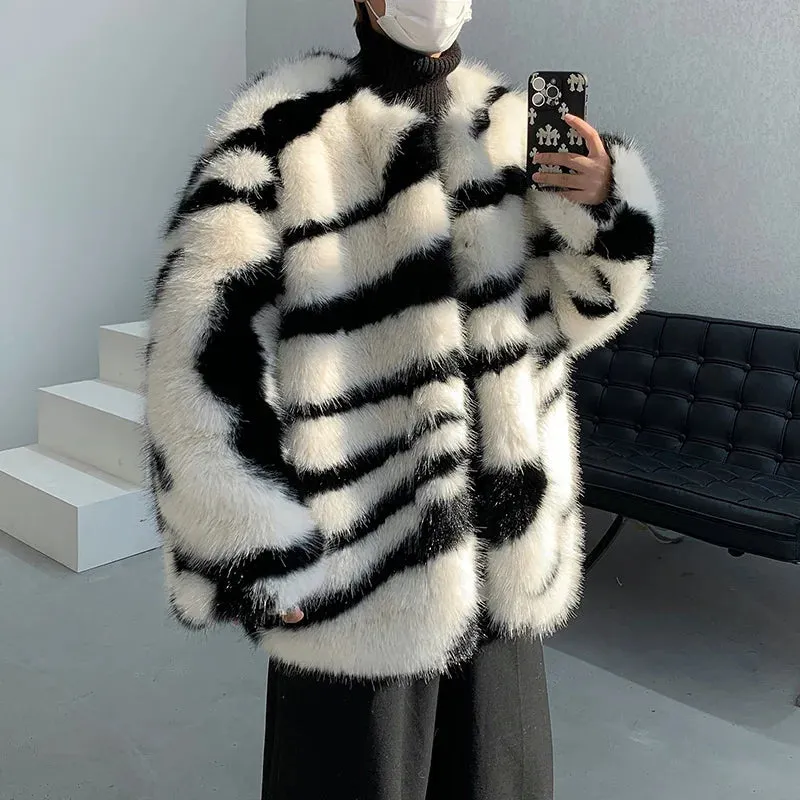 Aidase Male Loose Fur Coat Men's Contrast Color Striped Round Neck 2024 Autumn High Street Male Cotton Overcoat Stylish