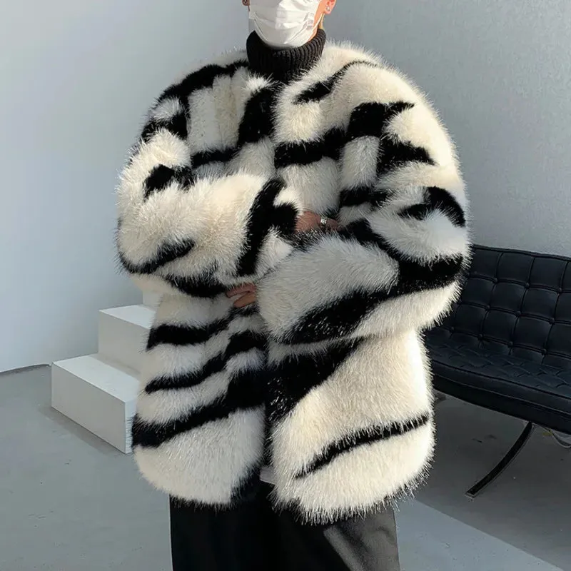 Aidase Male Loose Fur Coat Men's Contrast Color Striped Round Neck 2024 Autumn High Street Male Cotton Overcoat Stylish