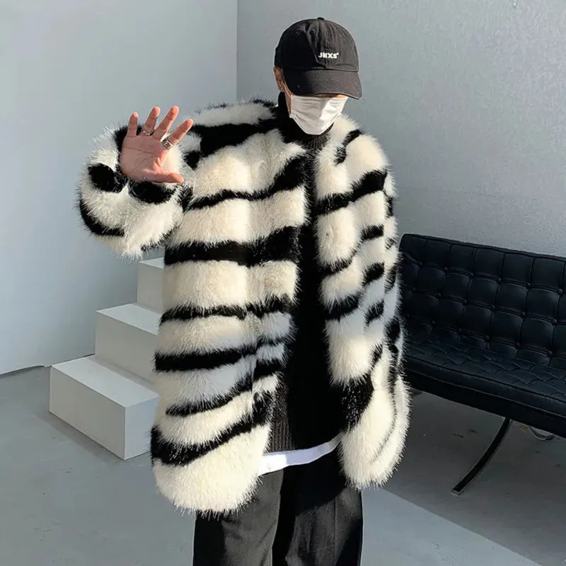 Aidase Male Loose Fur Coat Men's Contrast Color Striped Round Neck 2024 Autumn High Street Male Cotton Overcoat Stylish