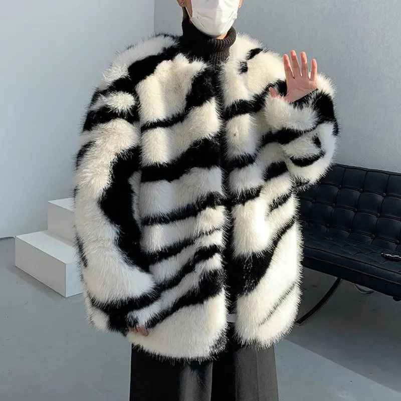 Aidase Male Loose Fur Coat Men's Contrast Color Striped Round Neck 2024 Autumn High Street Male Cotton Overcoat Stylish