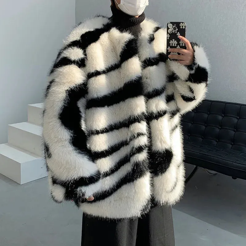 Aidase Male Loose Fur Coat Men's Contrast Color Striped Round Neck 2024 Autumn High Street Male Cotton Overcoat Stylish