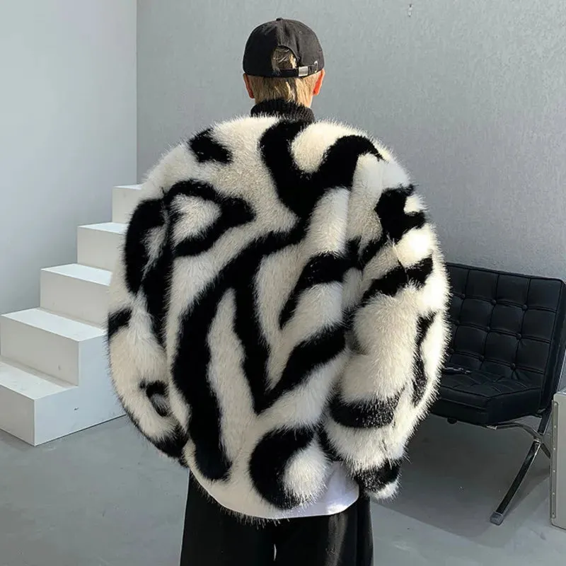 Aidase Male Loose Fur Coat Men's Contrast Color Striped Round Neck 2024 Autumn High Street Male Cotton Overcoat Stylish