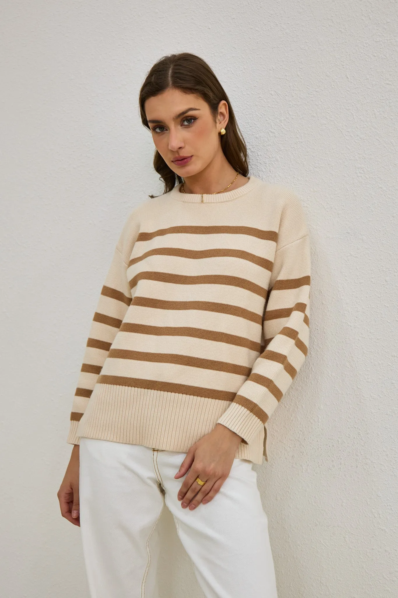 Anya Beige Stripe Knit Sweater