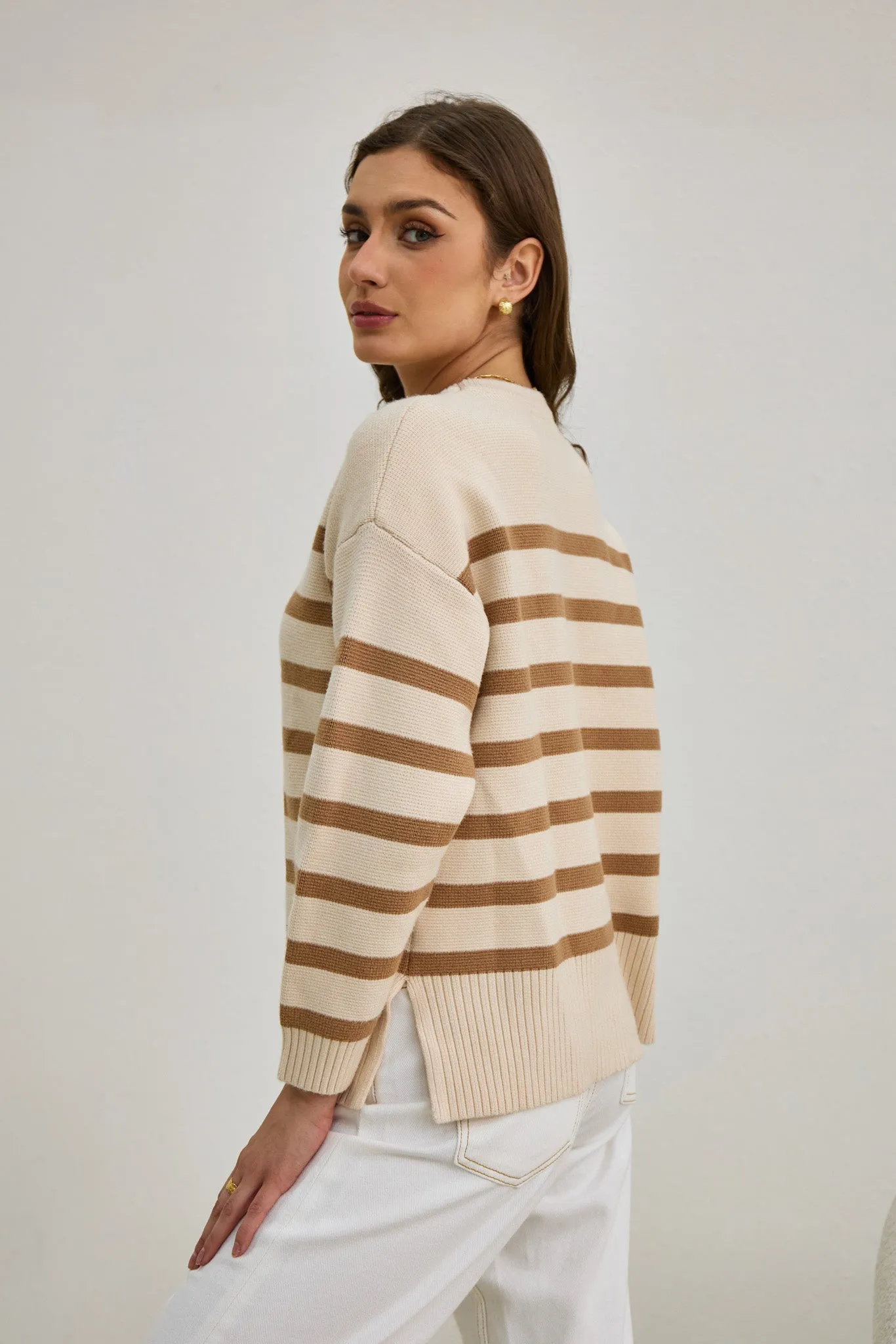 Anya Beige Stripe Knit Sweater