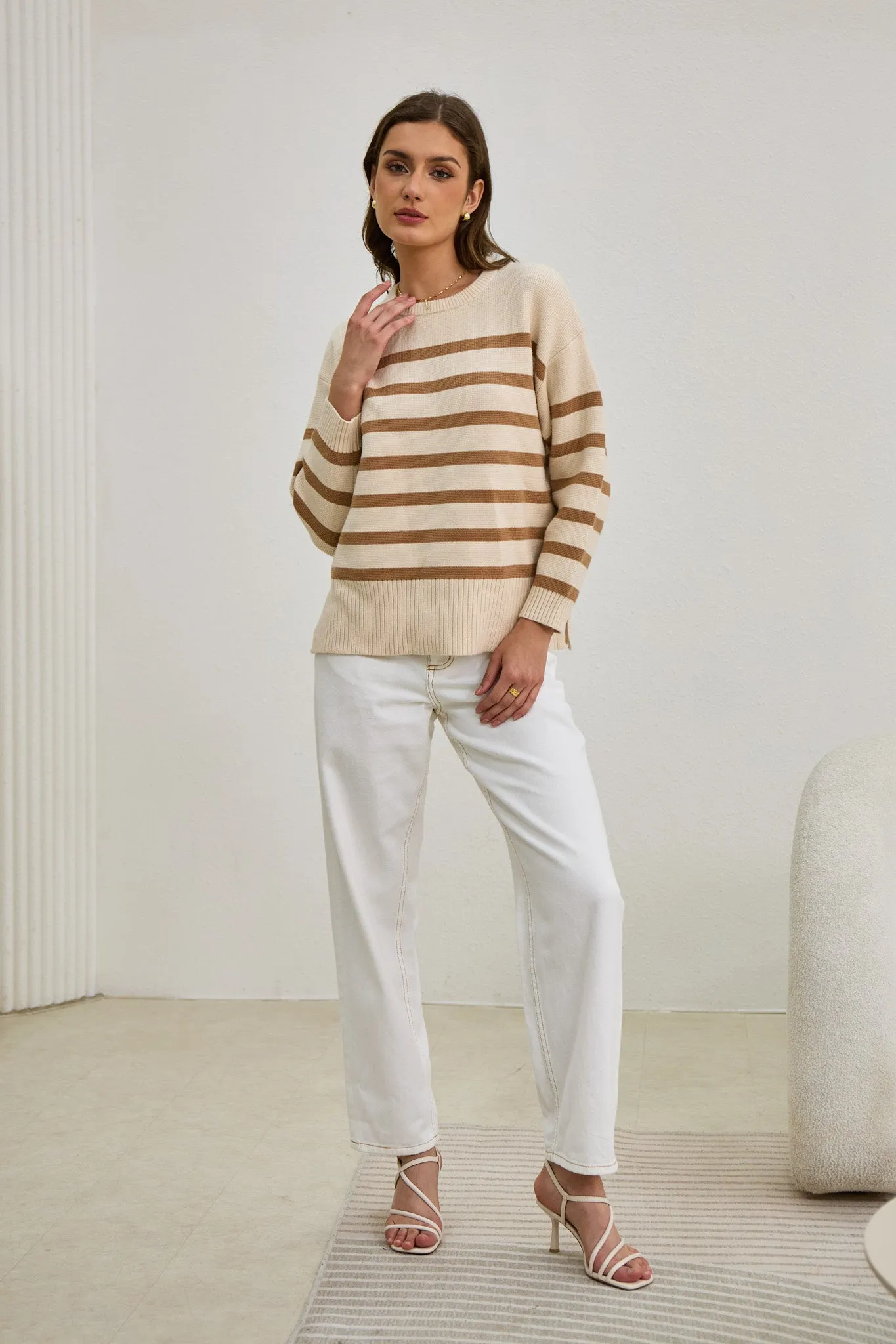 Anya Beige Stripe Knit Sweater