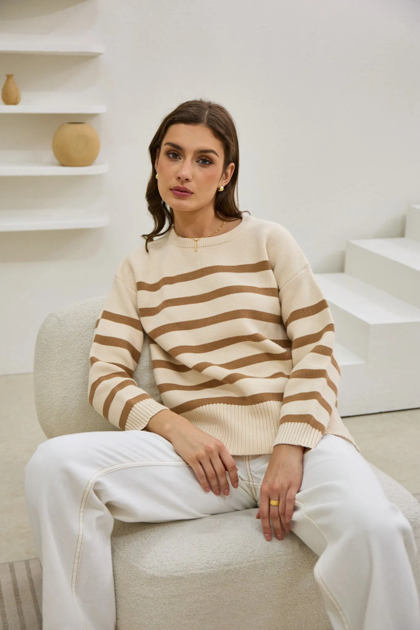 Anya Beige Stripe Knit Sweater