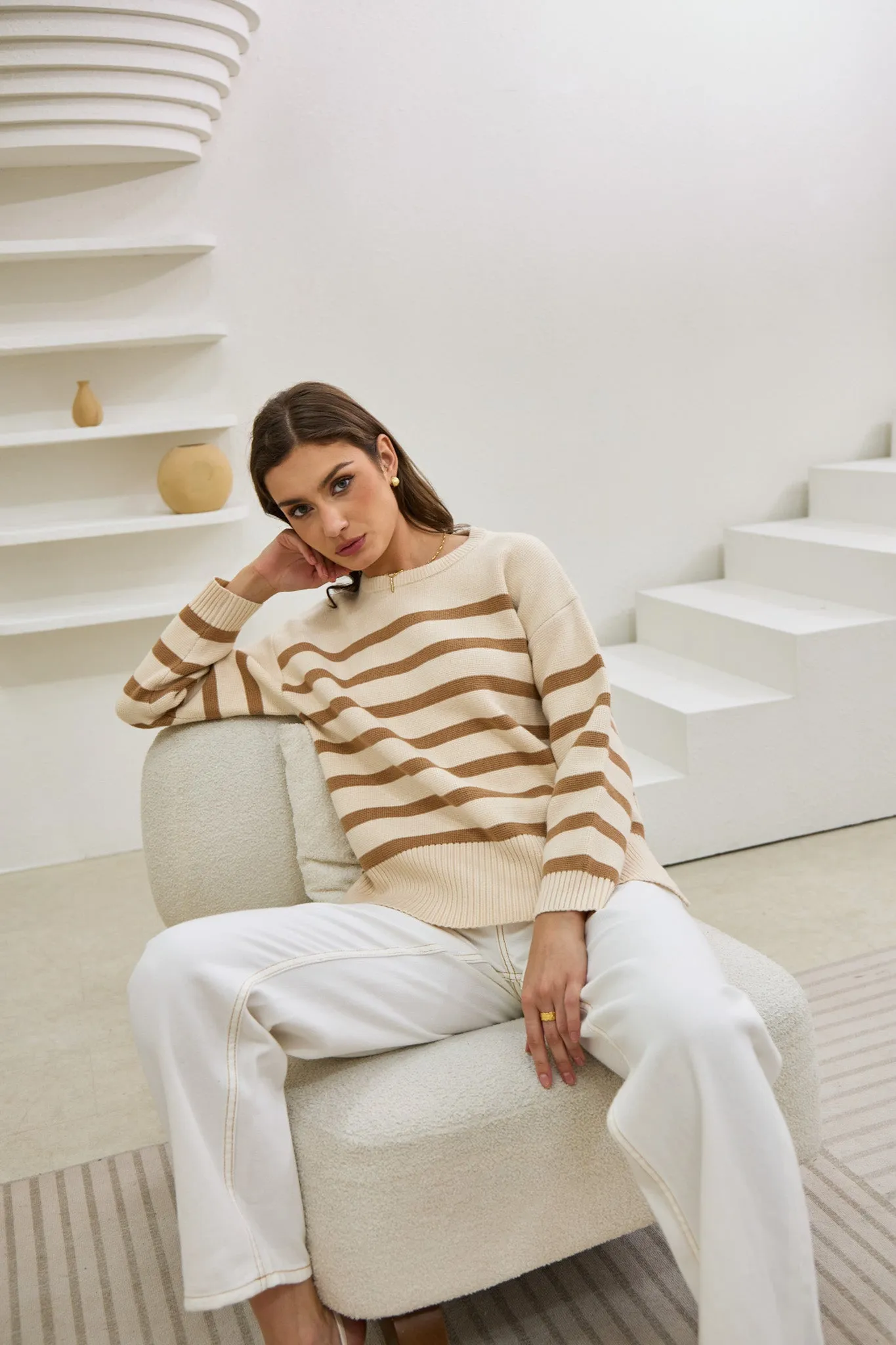 Anya Beige Stripe Knit Sweater