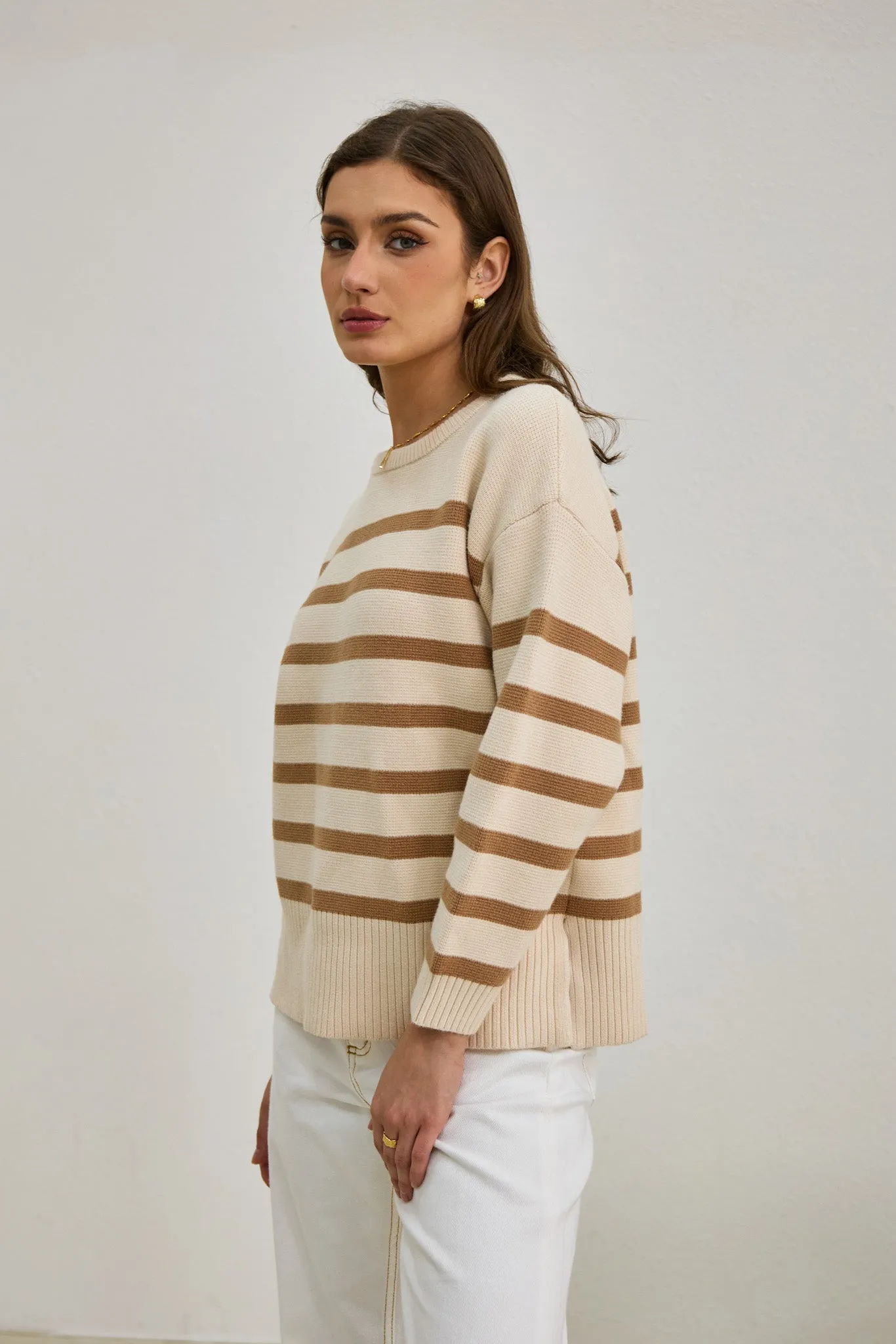 Anya Beige Stripe Knit Sweater