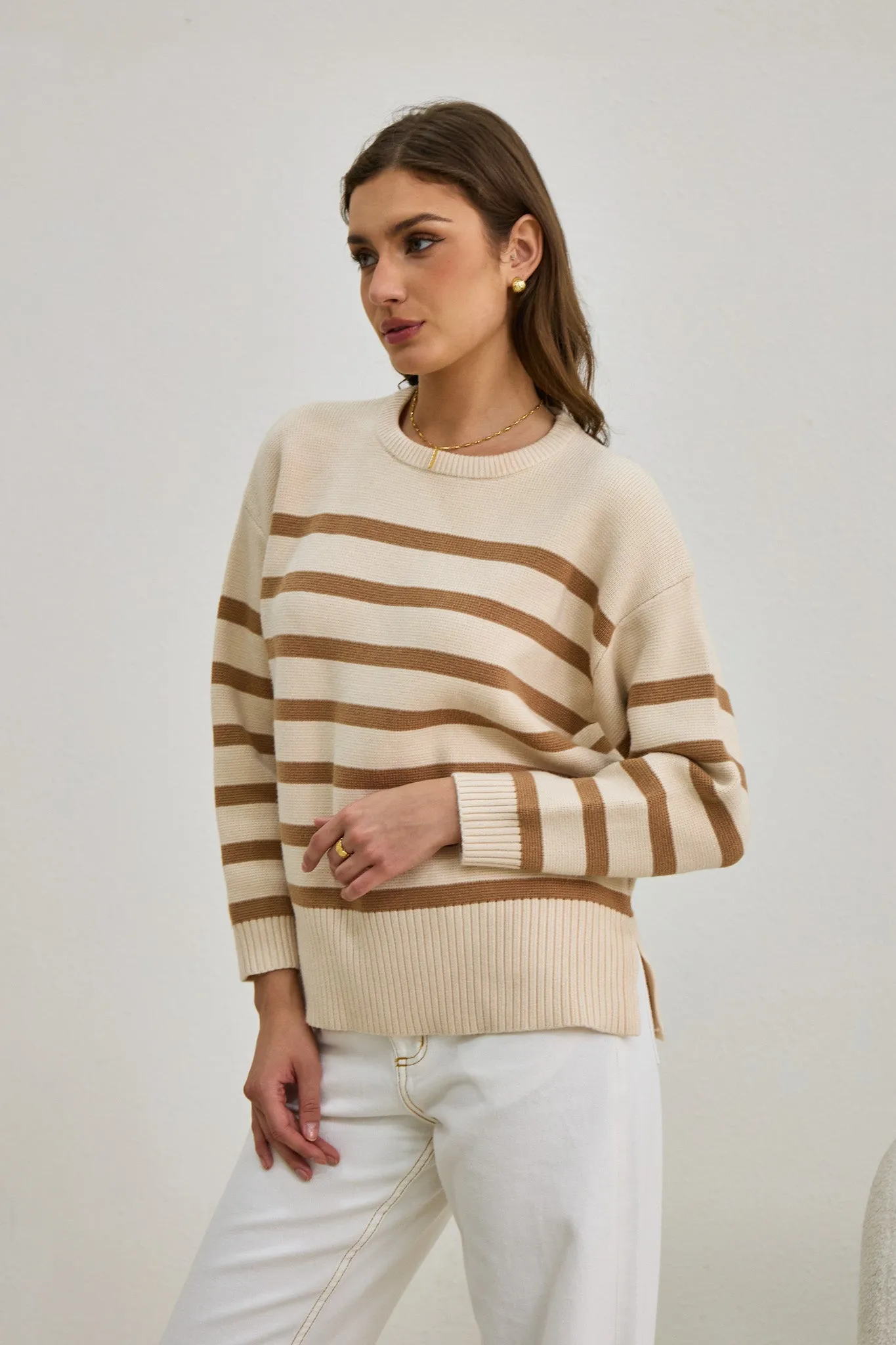 Anya Beige Stripe Knit Sweater