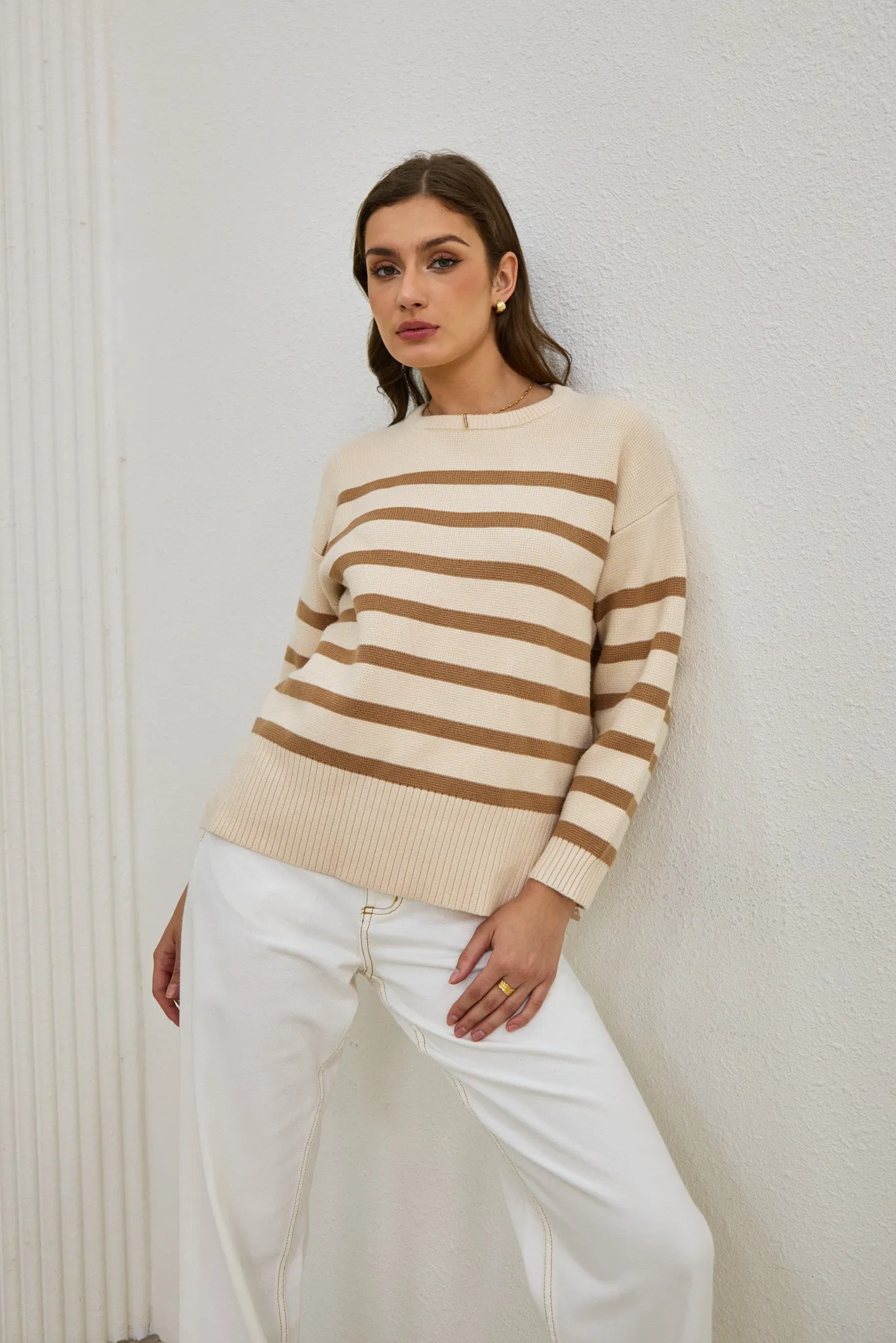 Anya Beige Stripe Knit Sweater