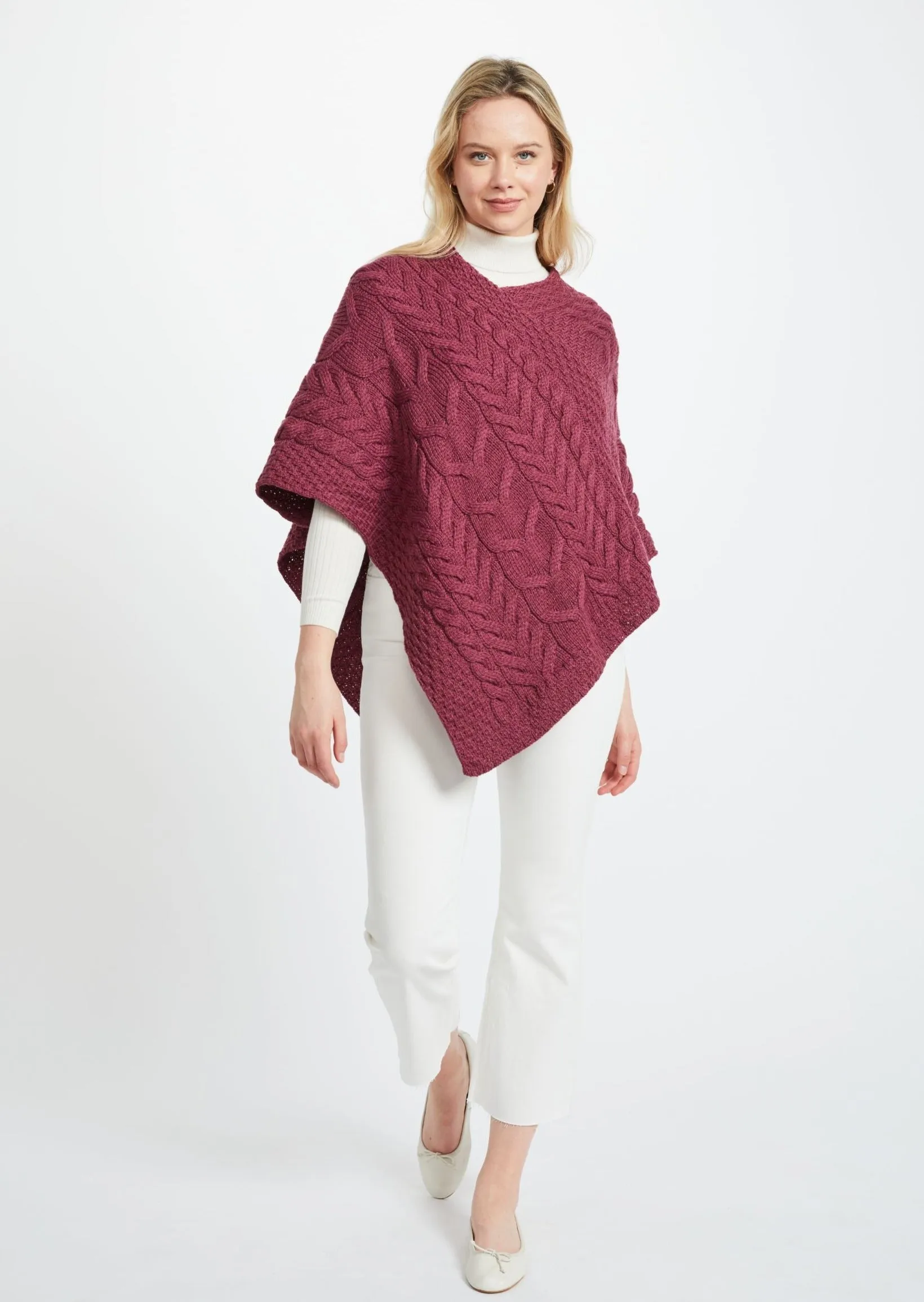 Aran Super Soft Poncho | Raspberry