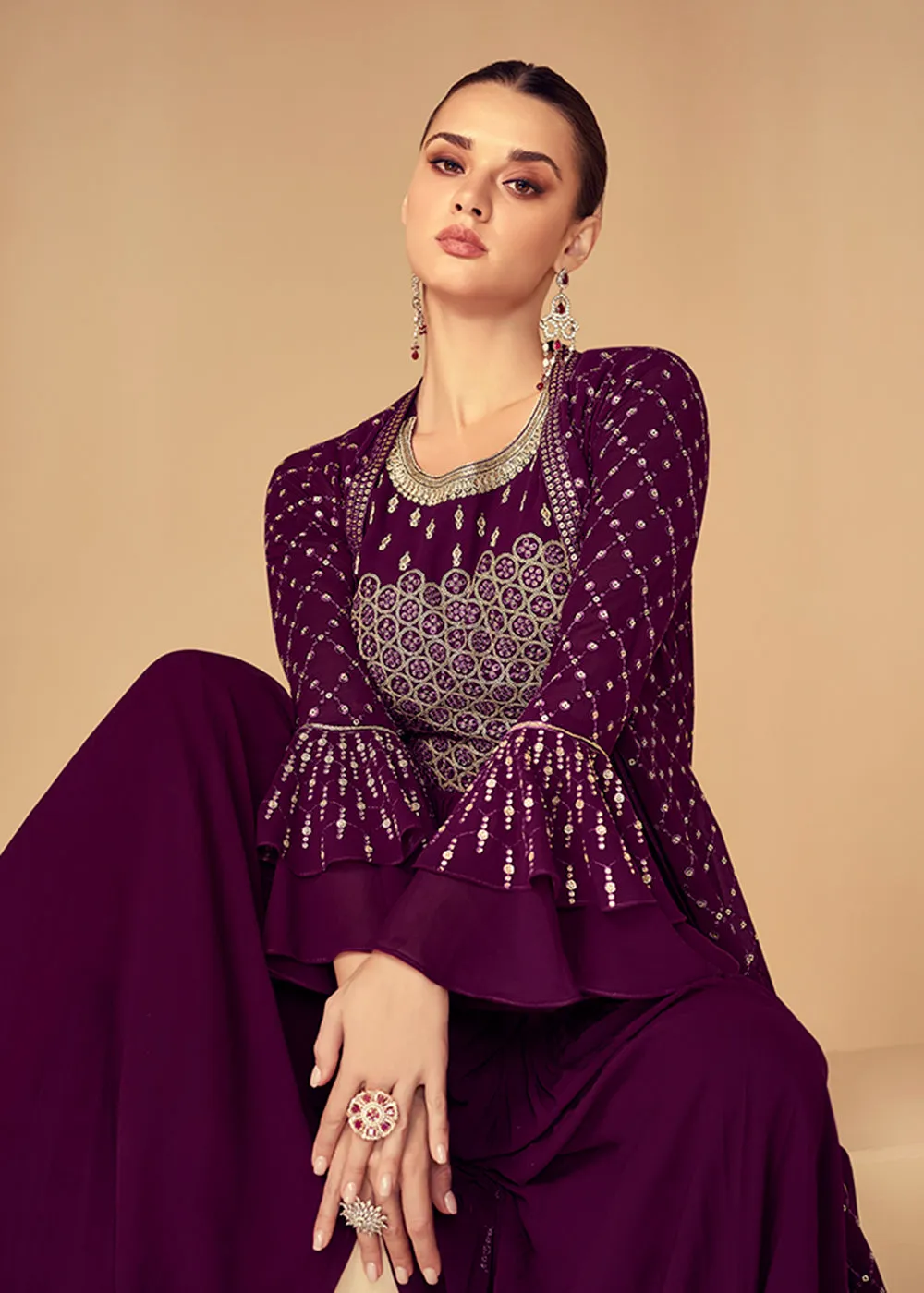 Attractive Purple Jacket Style Party Wear Indo Western Dress