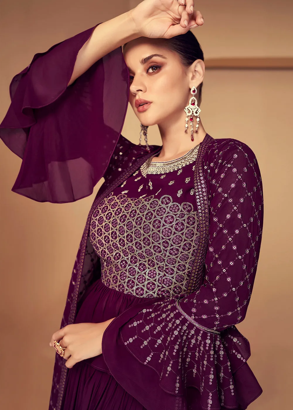 Attractive Purple Jacket Style Party Wear Indo Western Dress