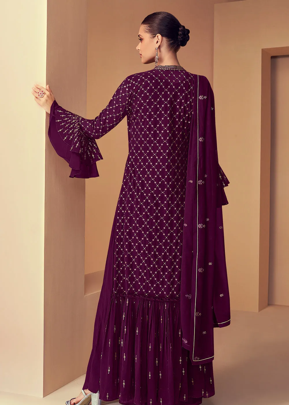 Attractive Purple Jacket Style Party Wear Indo Western Dress