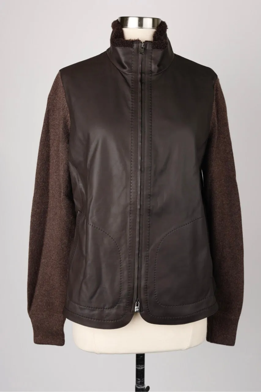 Baby Cashmere / Leather Shearling Collar Sweater Jacket