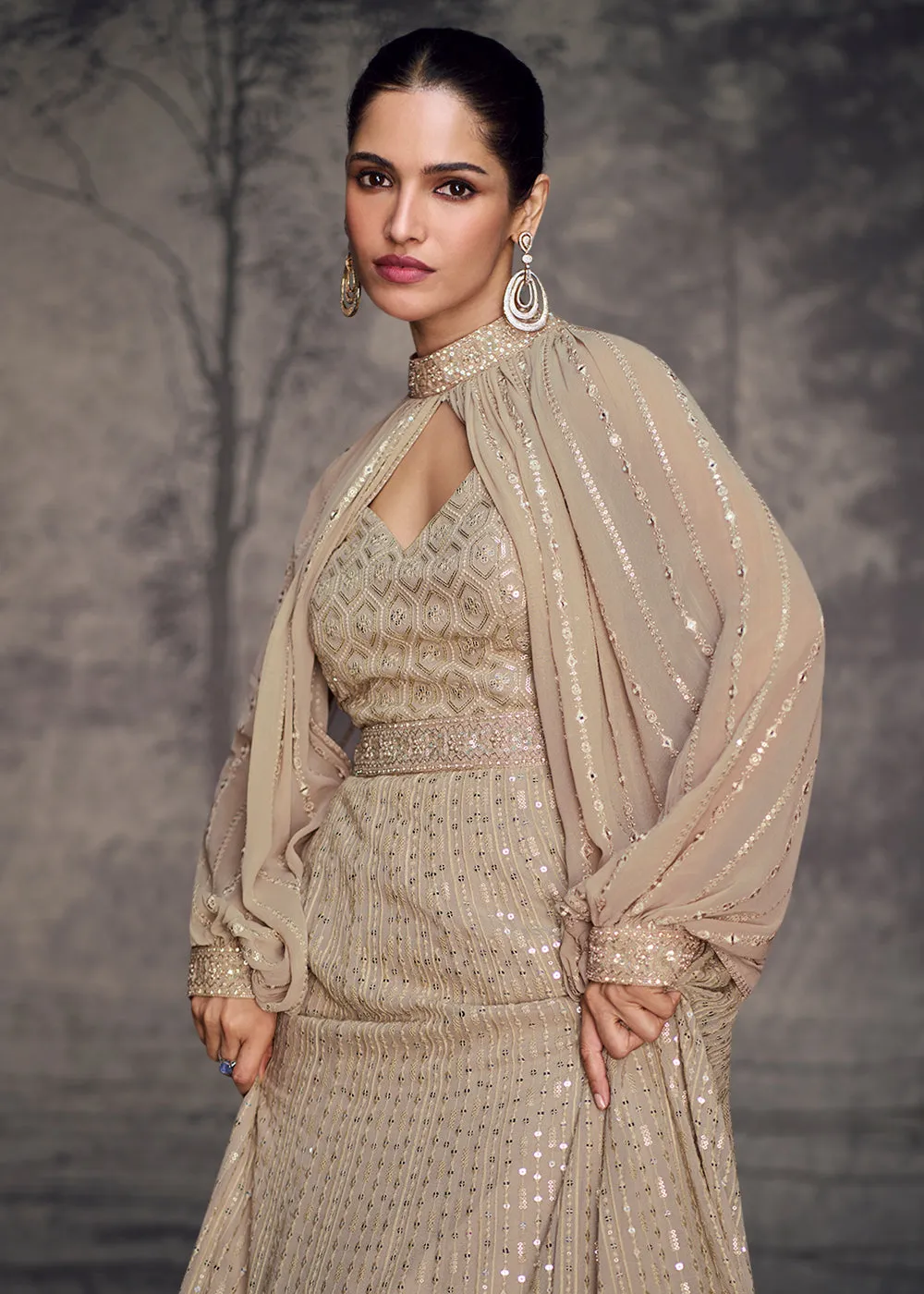 Beige Lucknowi Style Wedding Festive Anarkali Gown