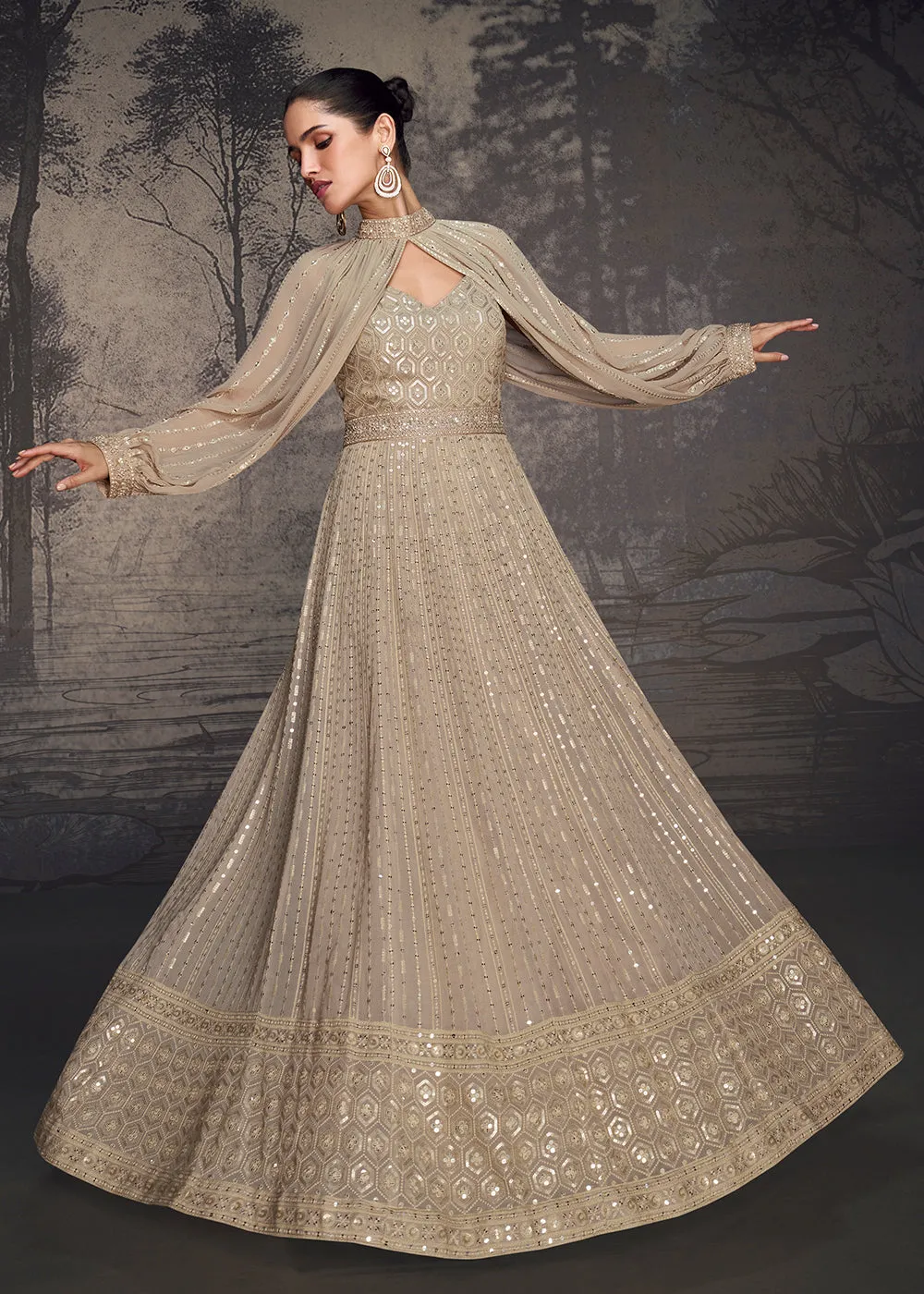 Beige Lucknowi Style Wedding Festive Anarkali Gown