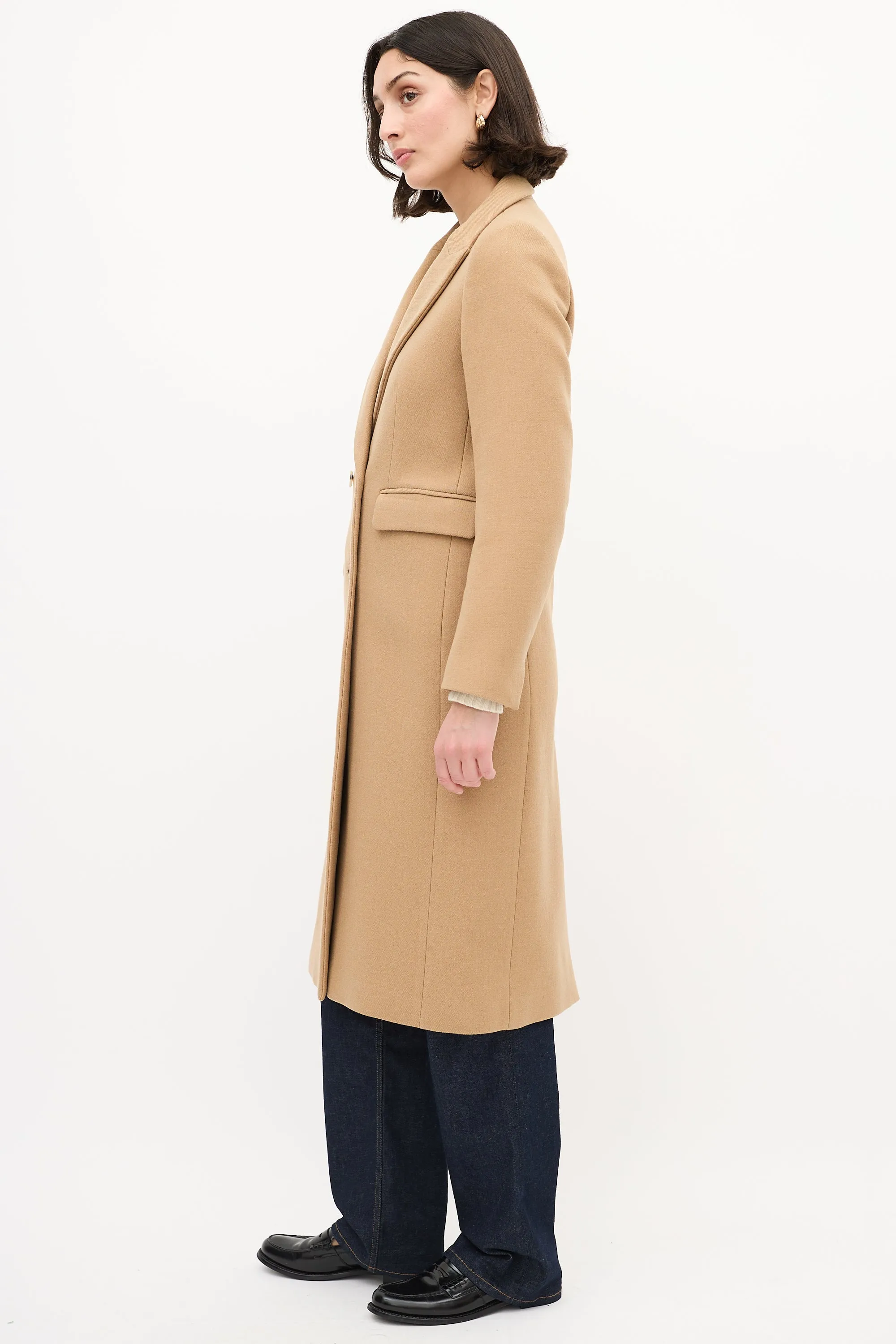 Beige Wool Long Double Breasted Coat