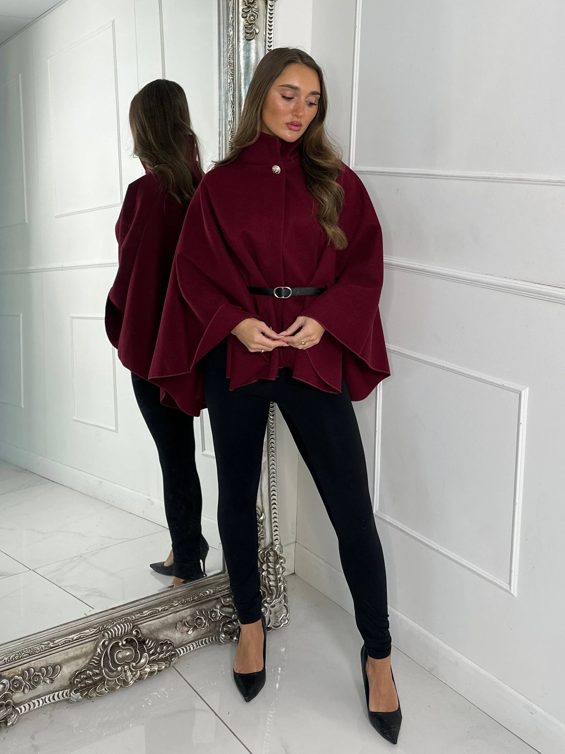 Belted Cape Jacket - Wine