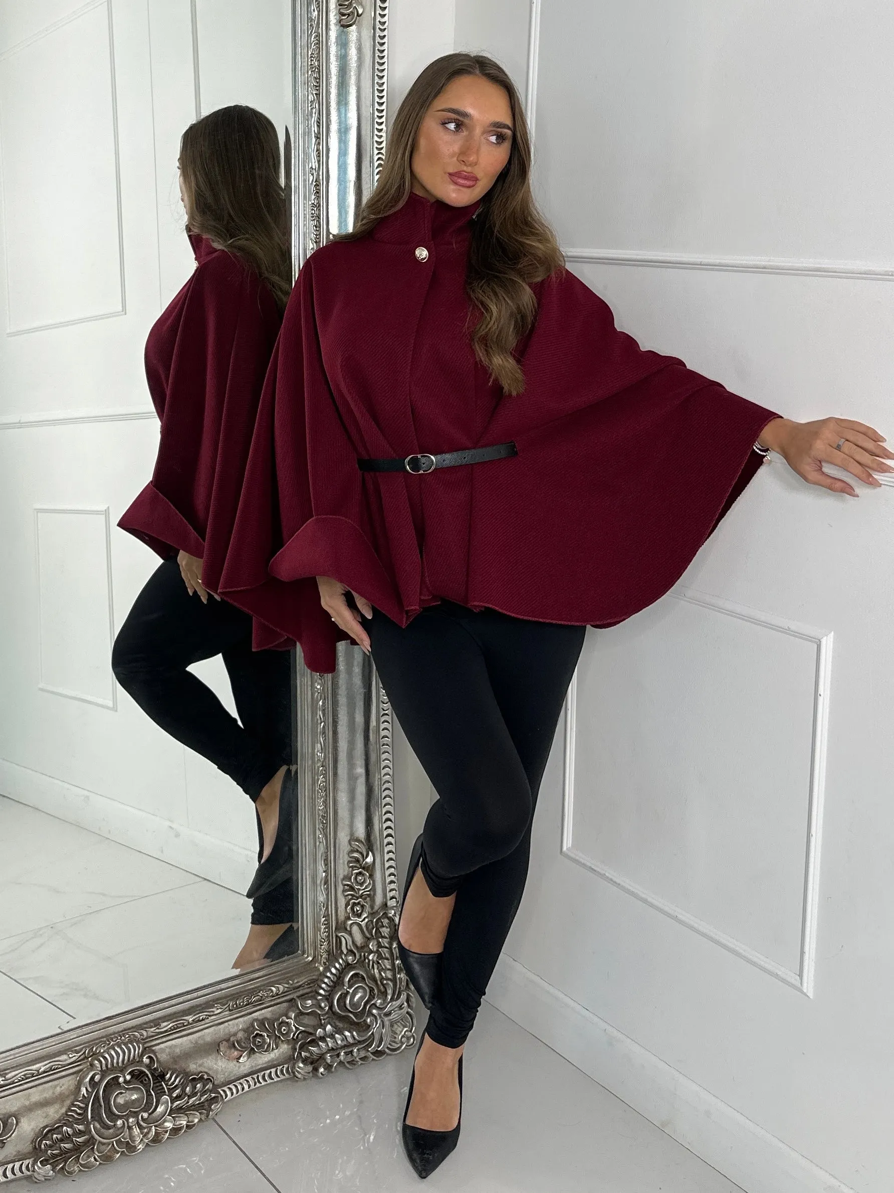 Belted Cape Jacket - Wine