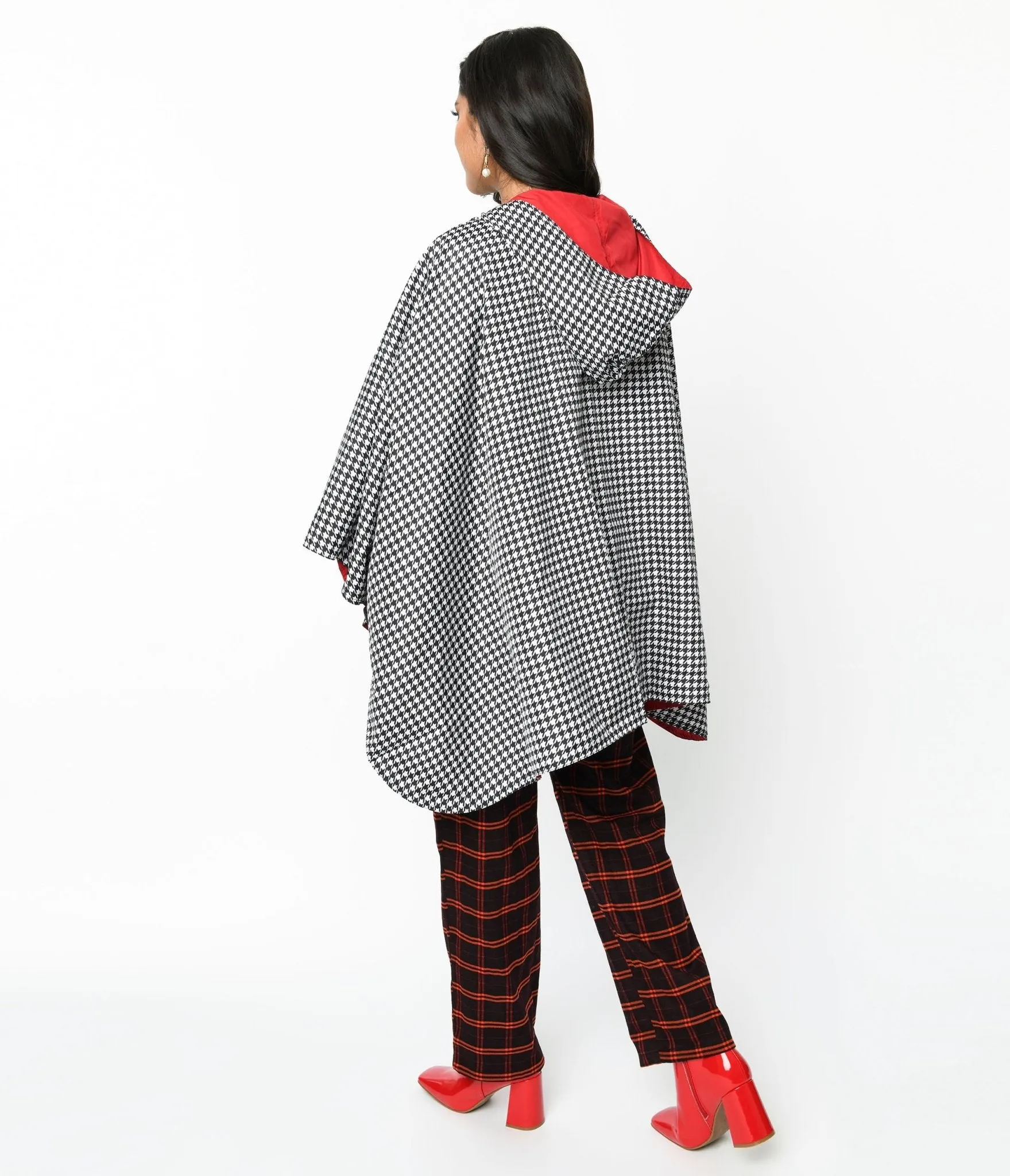 Black & White Houndstooth Hooded Cape Coat