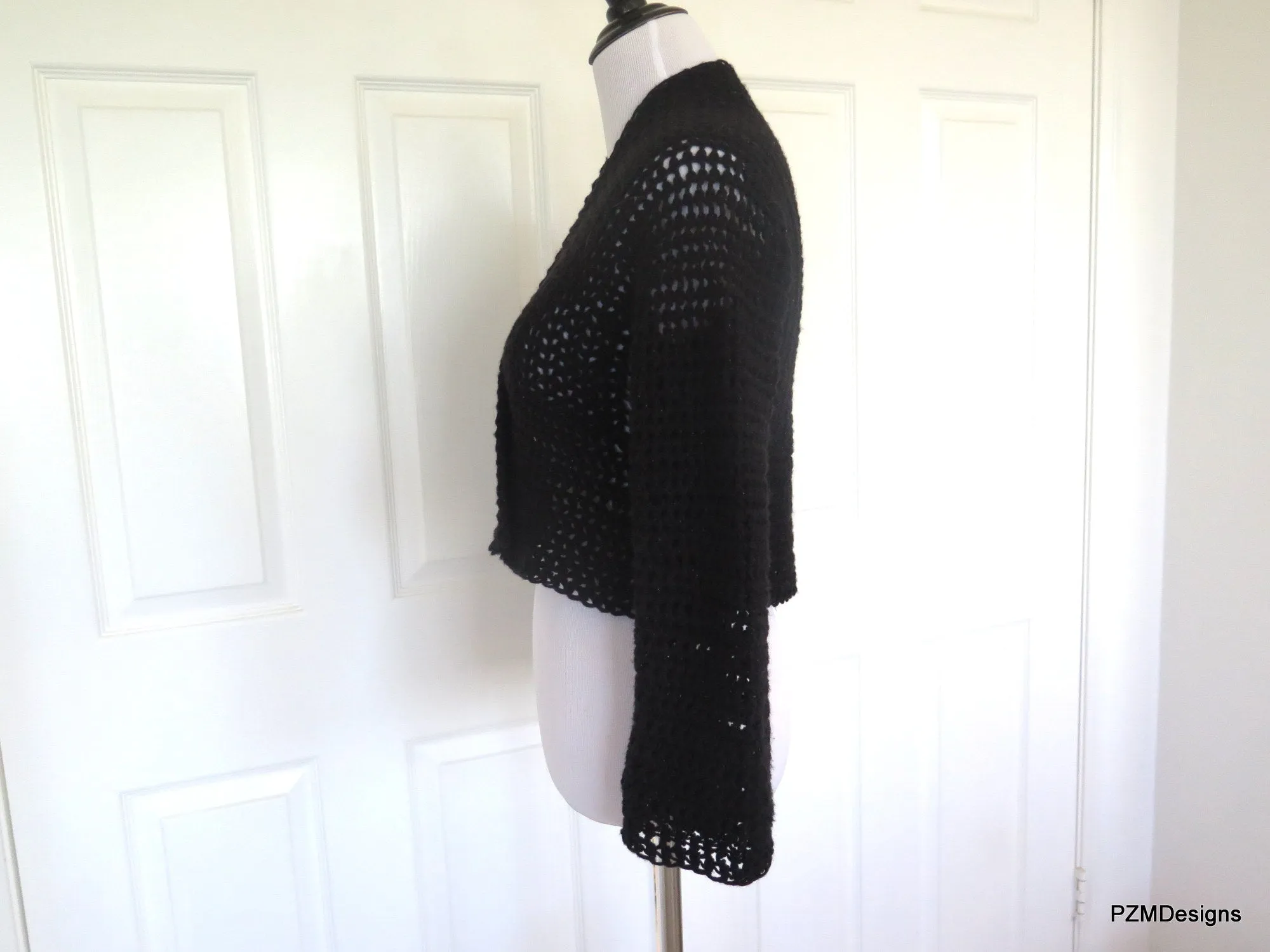 Black Crochet Short Jacket, Hand Crochet Crop Cardigan