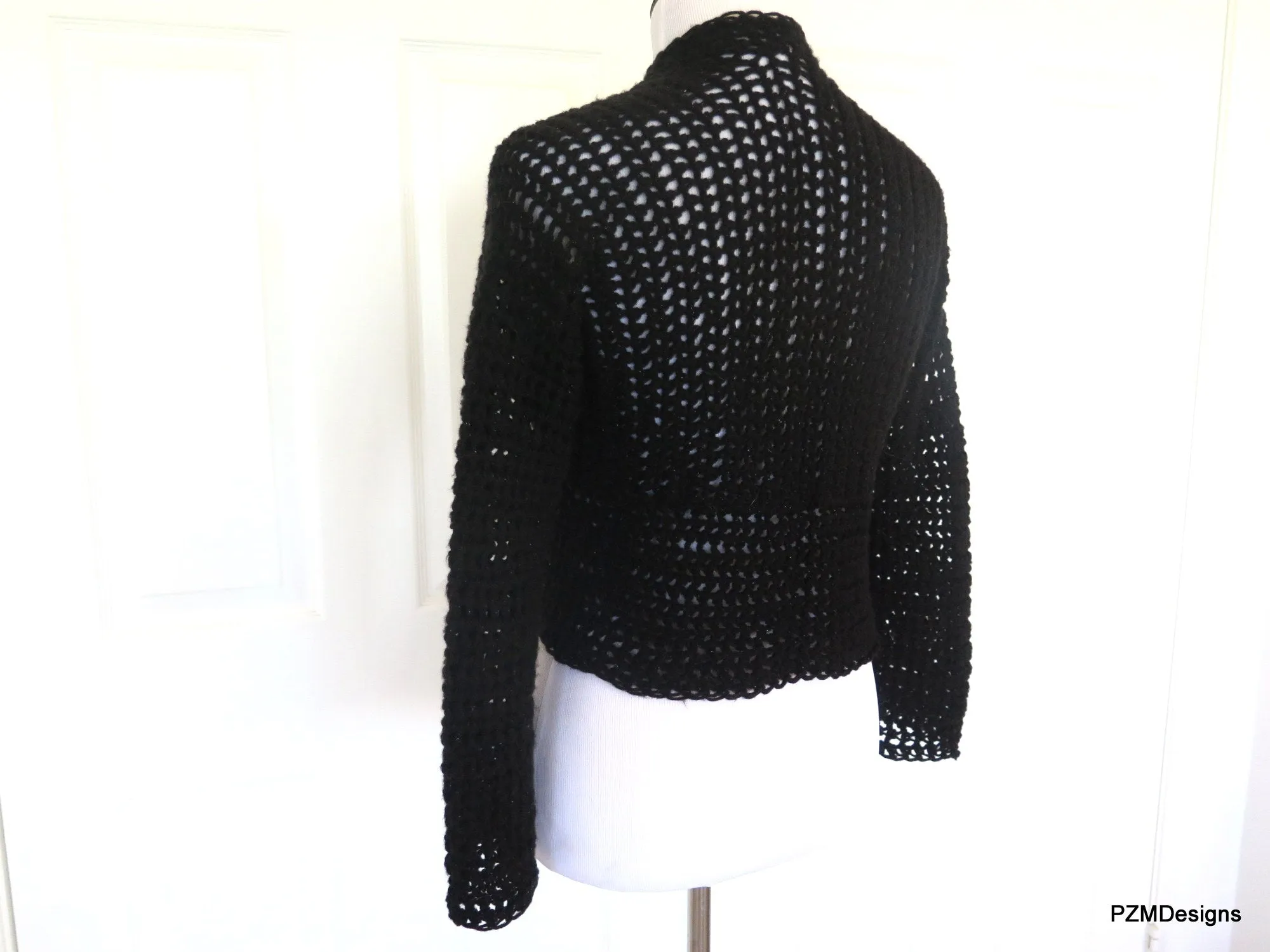 Black Crochet Short Jacket, Hand Crochet Crop Cardigan