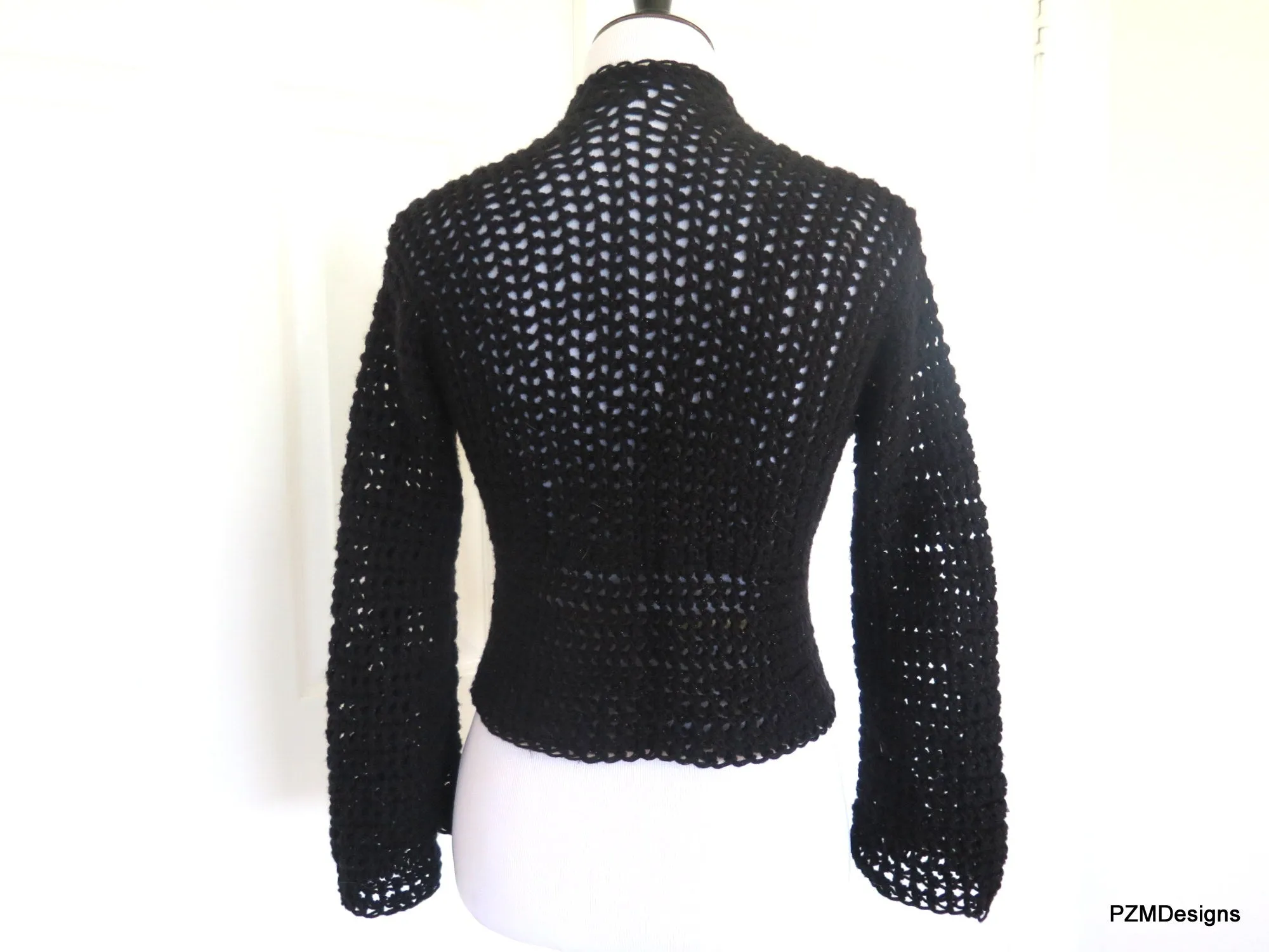 Black Crochet Short Jacket, Hand Crochet Crop Cardigan