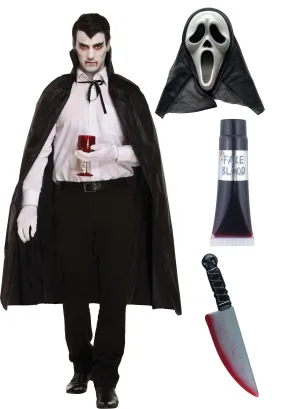 Black Dracula Cape with Collar Scream Ghost Killer Mask Fake Blood Tube Plastic Knife 38 Cm Halloween Scary Dracula Costume