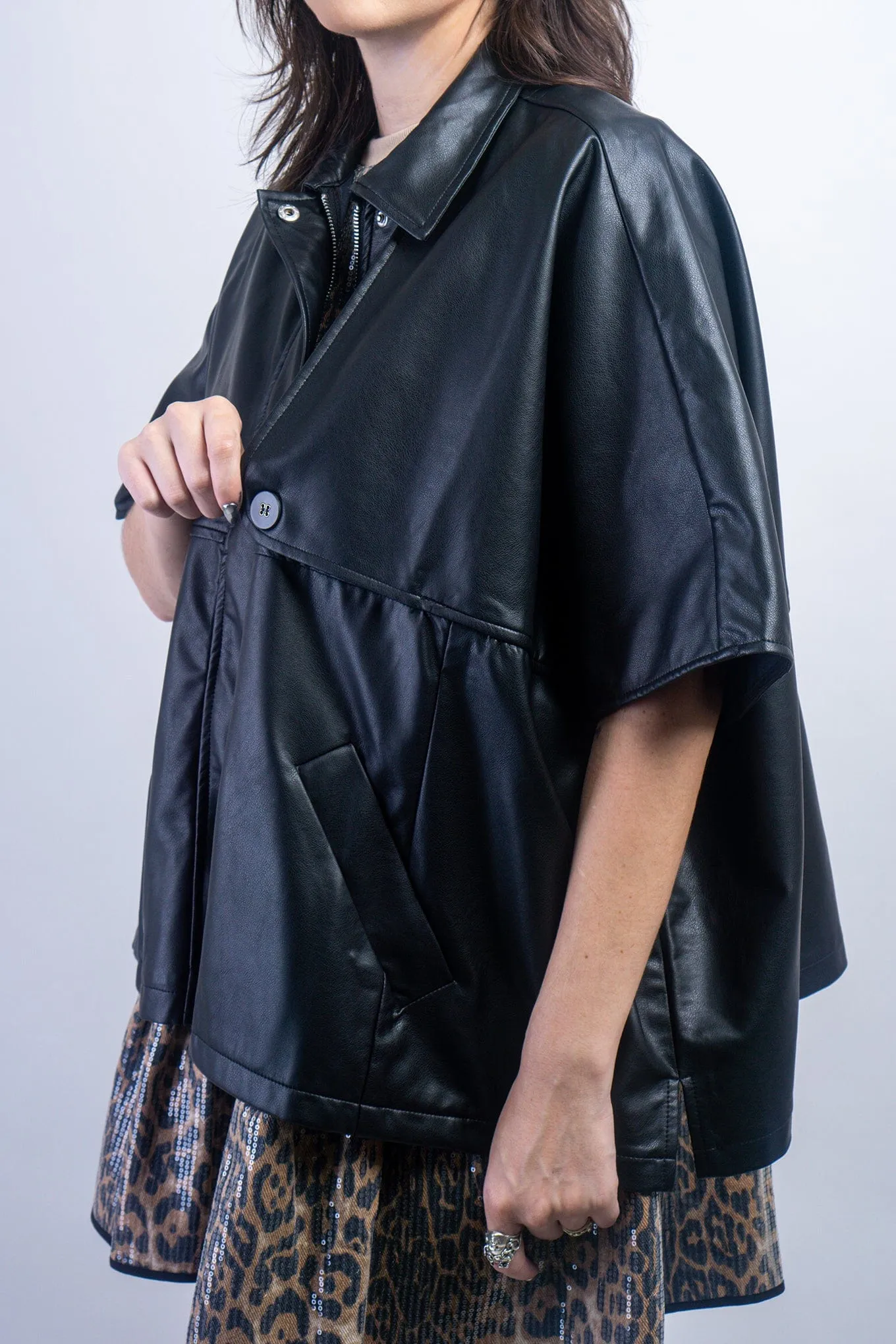 Black Faux Leather Oversized Cape Jacket