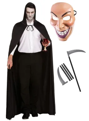 Black Long Cape with Hood Male Purge Evil Grin Face Mask Grim Reaper Scythe Halloween Scary Dracula Fancy Dress Costume