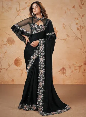 Black Multi  Embroidery Wedding Saree With Cape