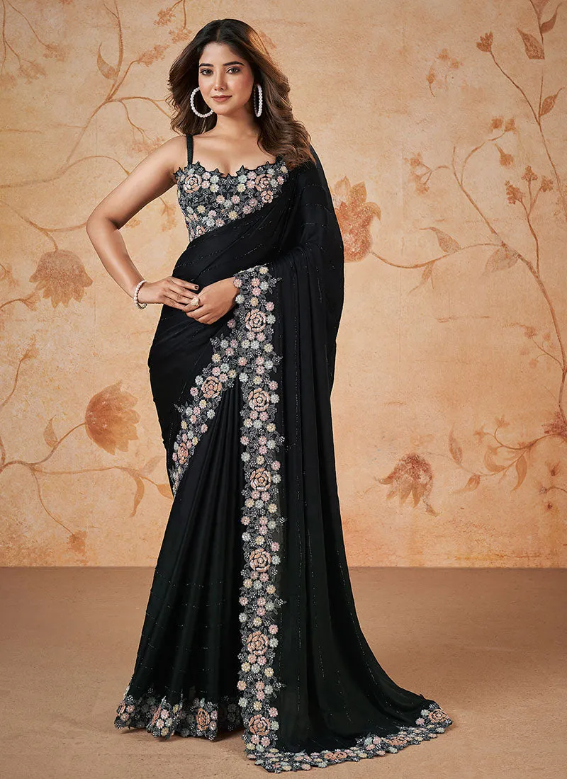 Black Multi  Embroidery Wedding Saree With Cape