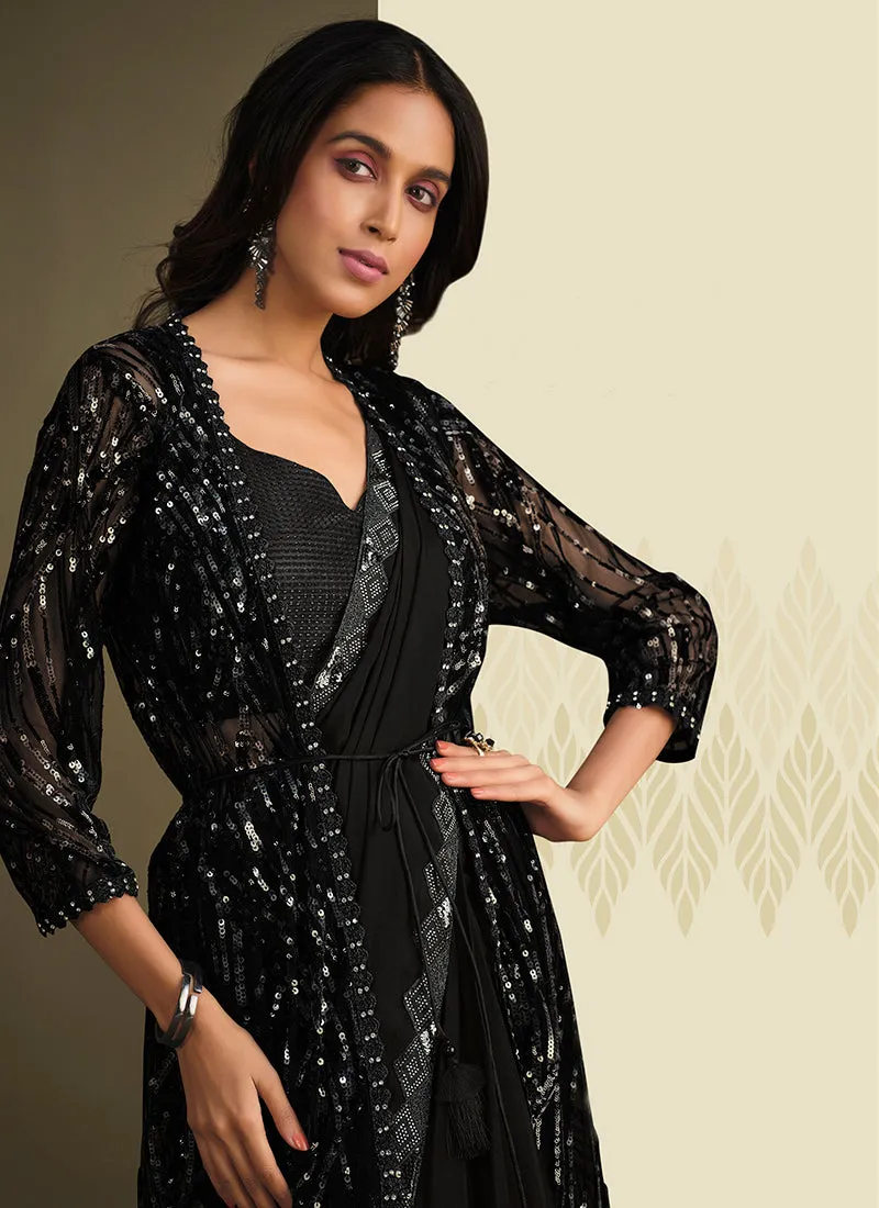 Black Sequence Embroidery Saree With Jacket