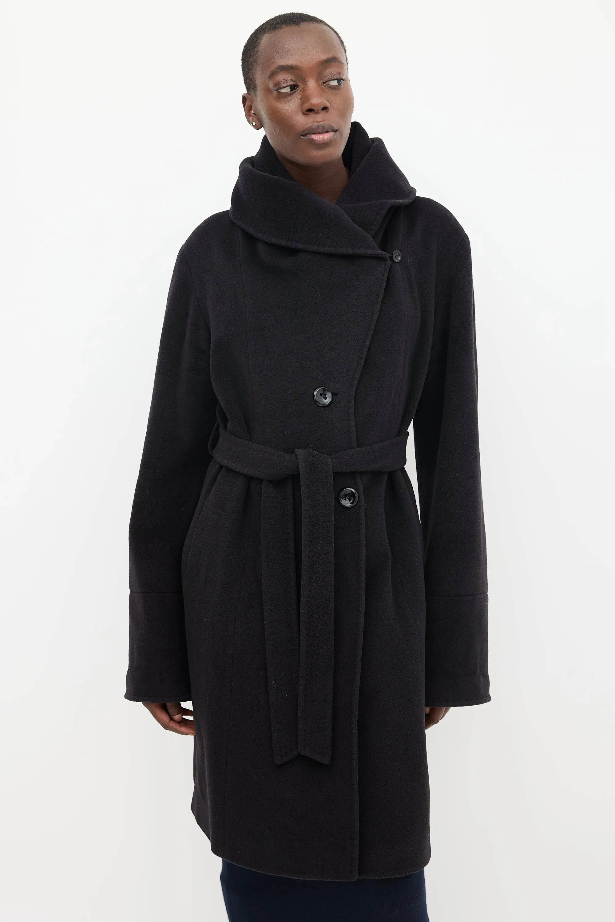 Black Wool Mid Length Hooded Coat