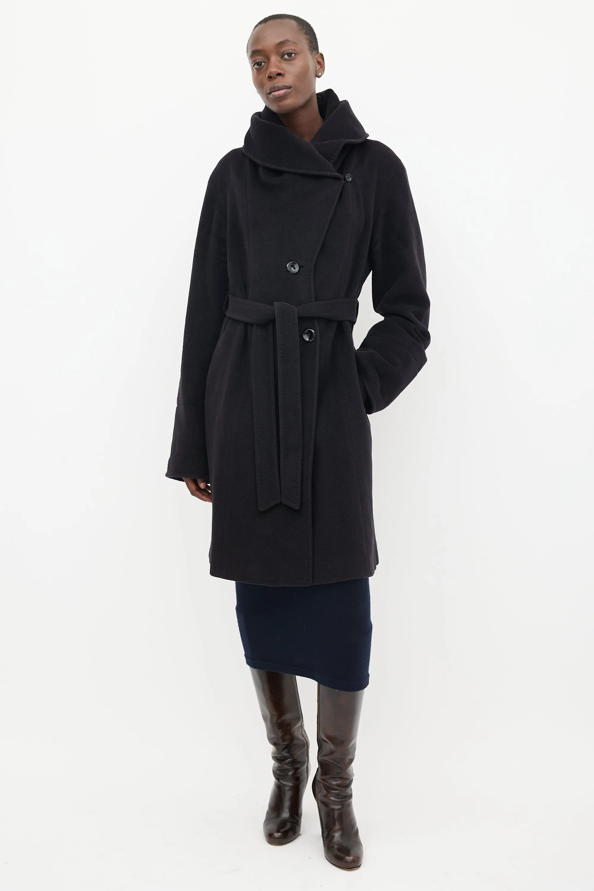 Black Wool Mid Length Hooded Coat