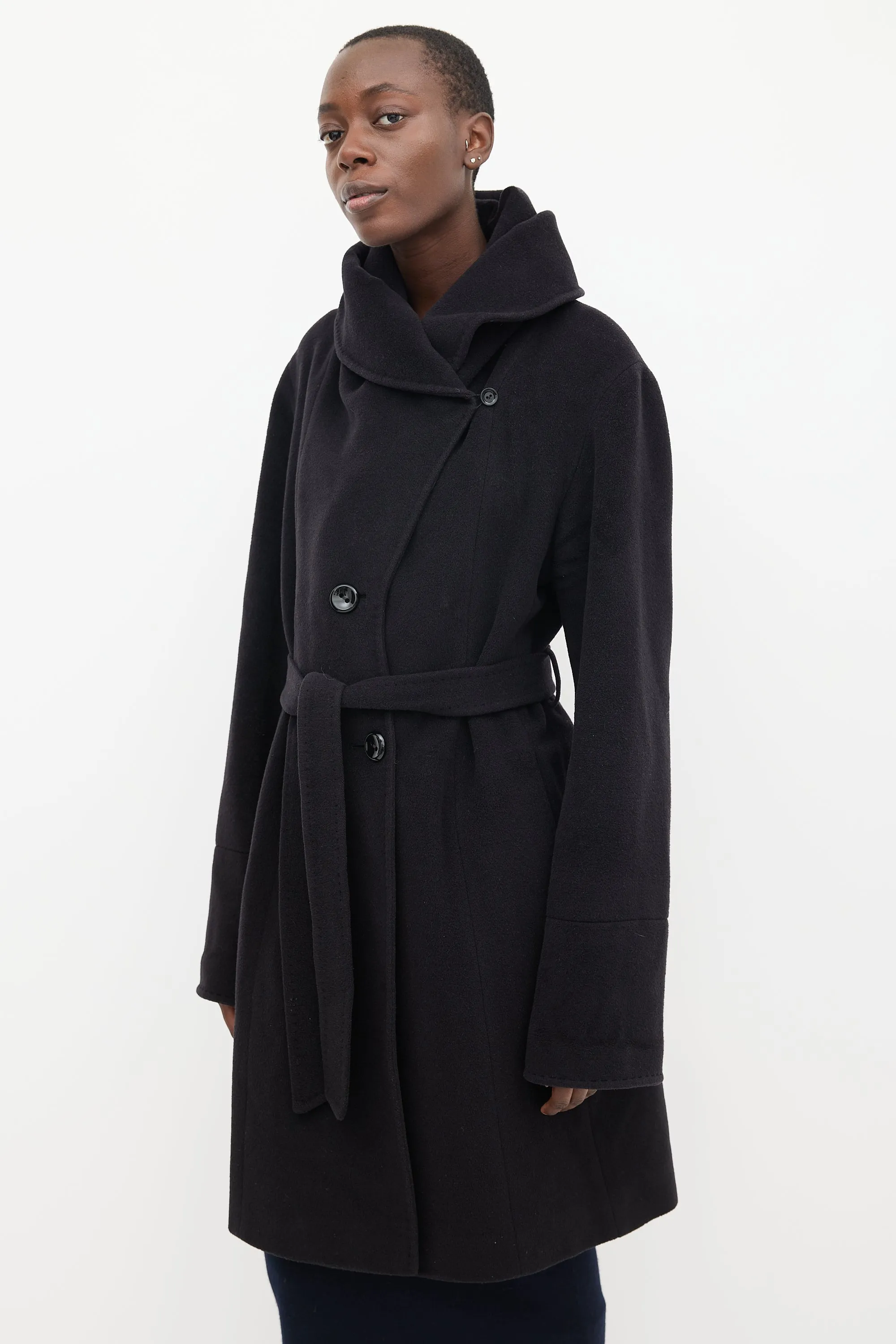 Black Wool Mid Length Hooded Coat