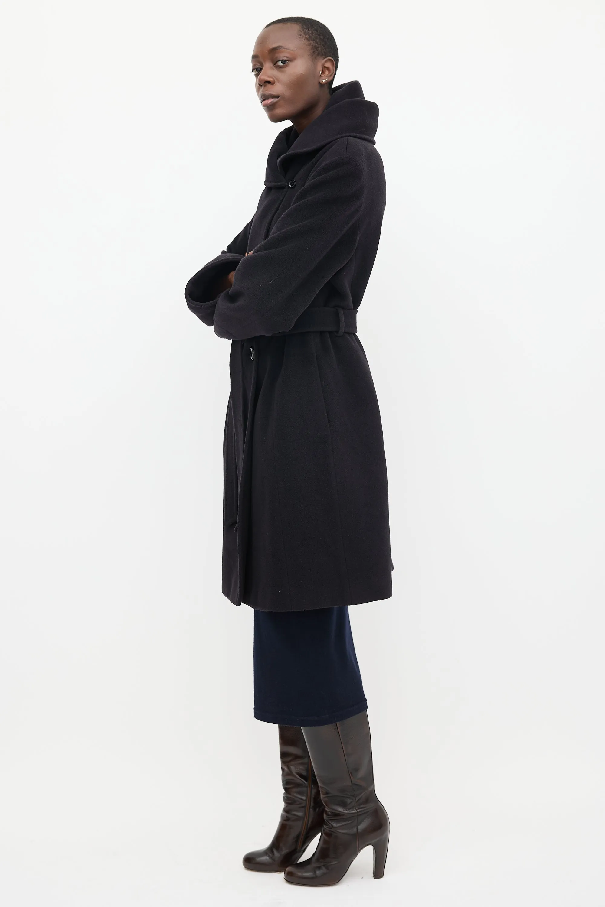 Black Wool Mid Length Hooded Coat