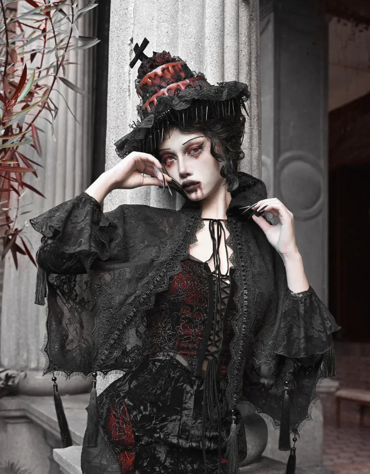 [Blood Supply] Scarlet Romance Gothic Lace Tassel Cloak Cape