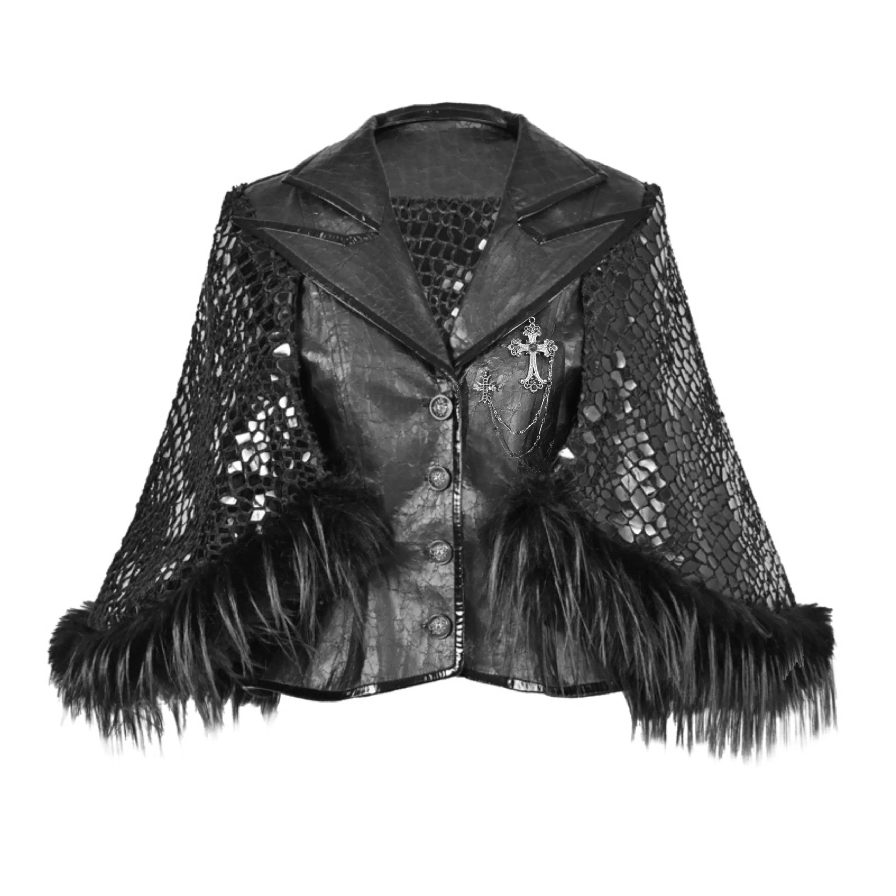 [Blood Supply] Shadow Stalker Gothic Faux Fur Cape Coat PU Leather