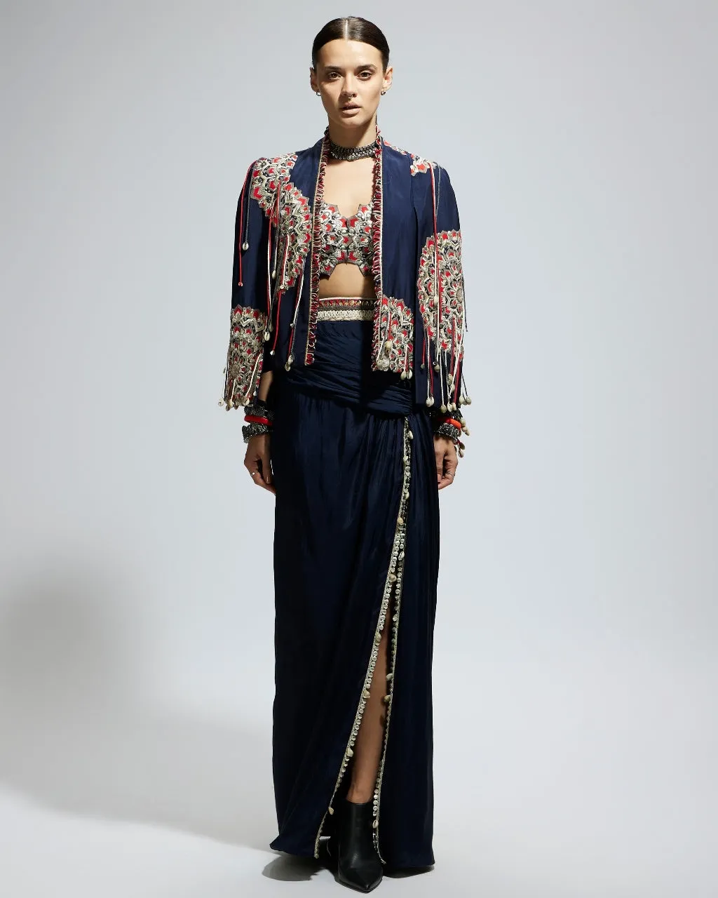 Blue Asymmetric Embellished Jacket With Slit Skirt Set